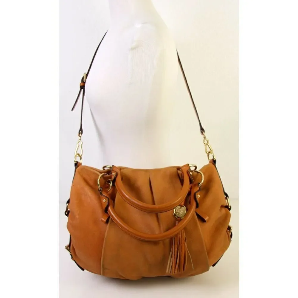 VINCE CAMUTO TAN BROWN GENUINE LEATHER TASSEL SATCHEL HOBO SHOULDER BAG HANDBAG